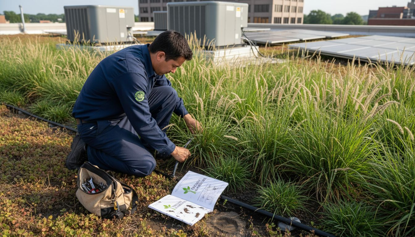 Worker tending native plants on green roof