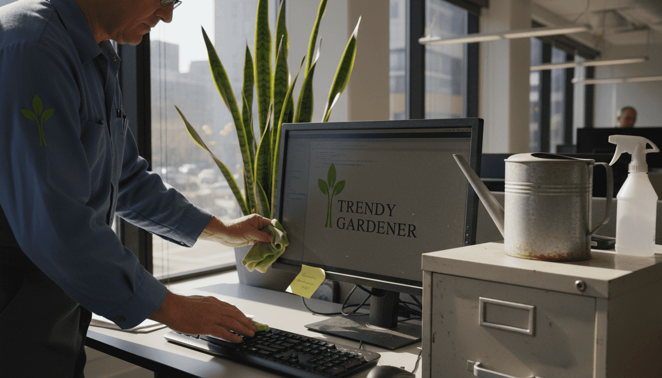 Janitor cleaning office snake plant leaves