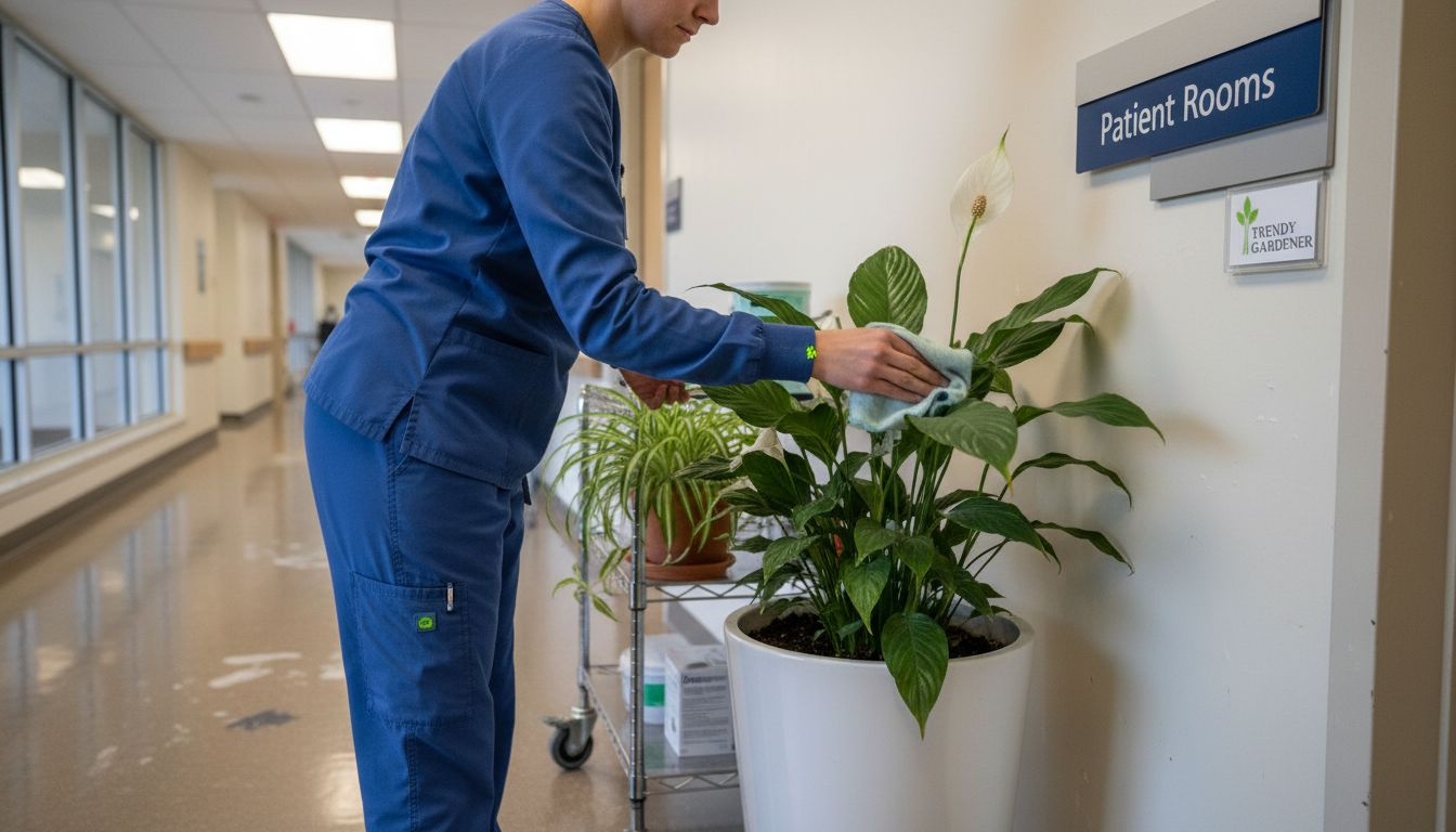 Staff cleaning hospital-safe clinic plants