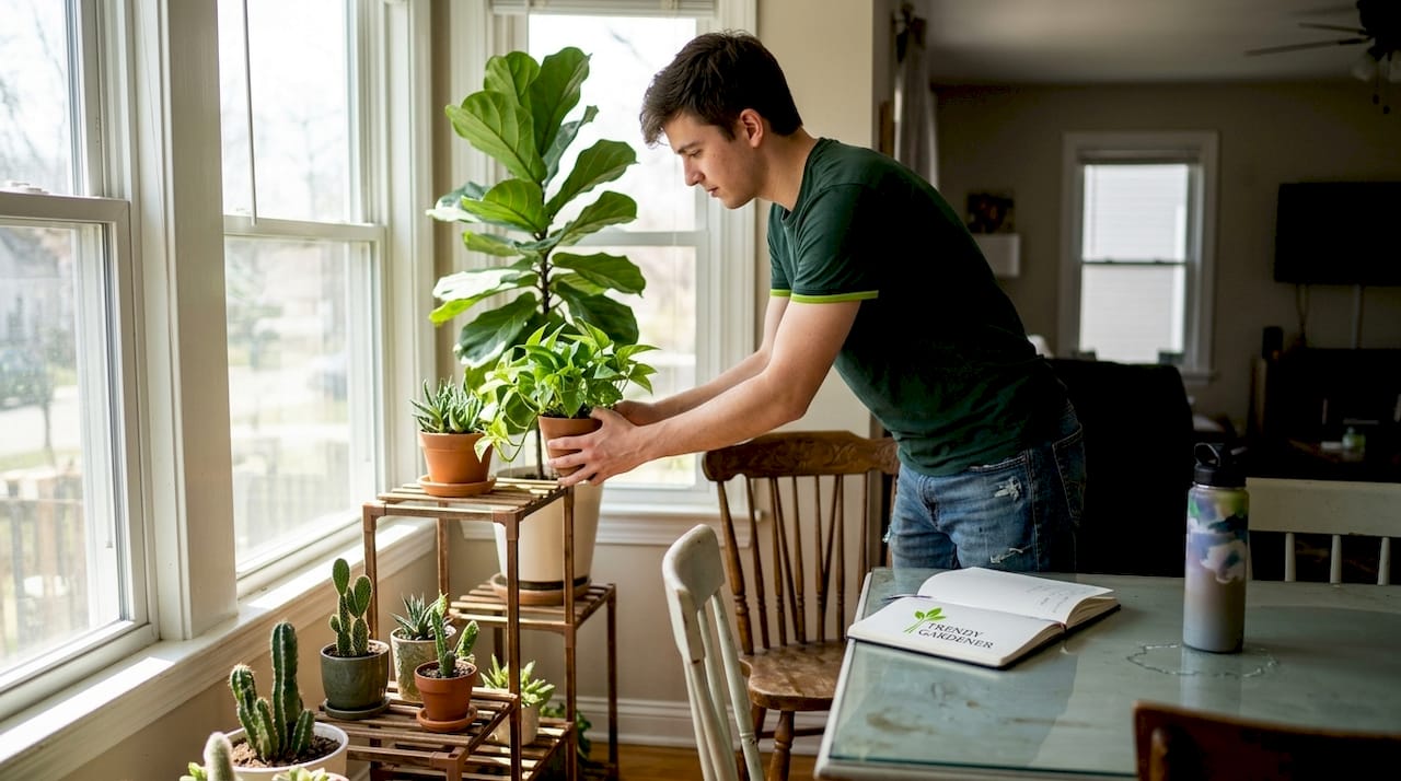 Man layers indoor plants in dining corner