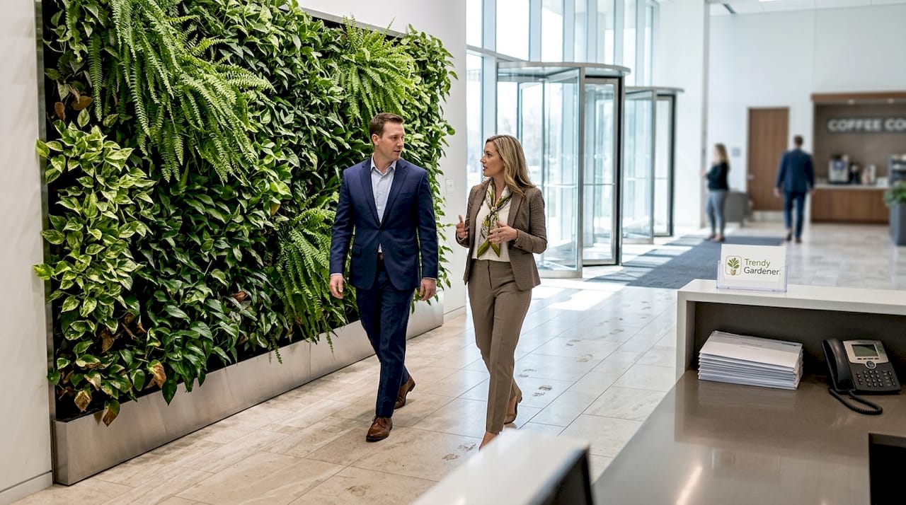 Businesspeople walk by office living wall