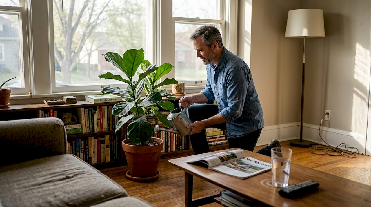 Watering plant in bright Iowa living room