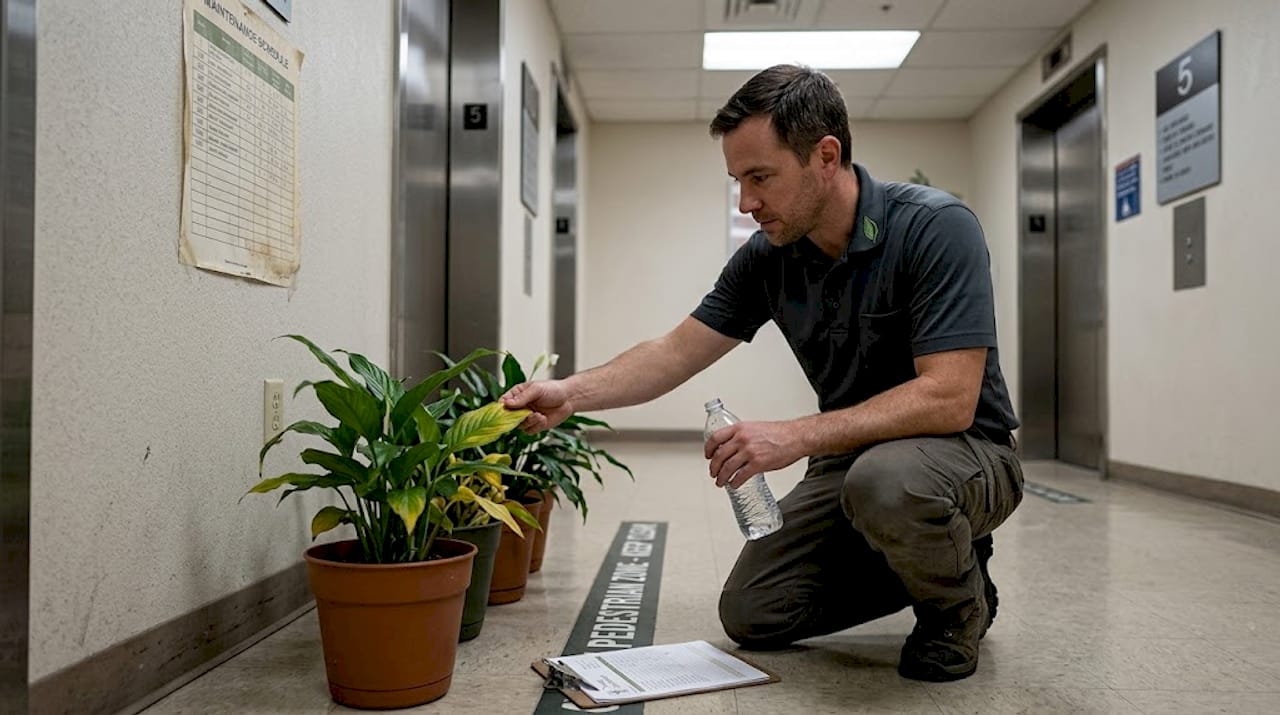 Technician performing routine office plant care