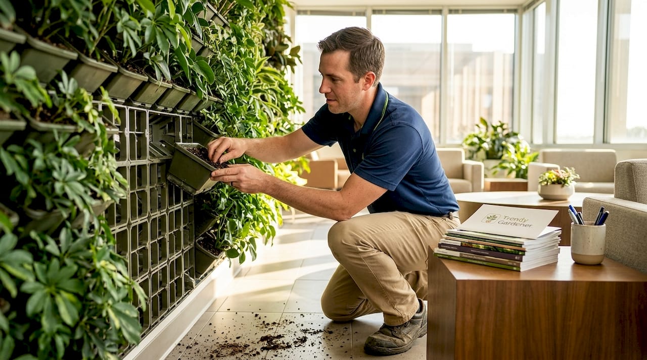 Technician tending modular living wall panels