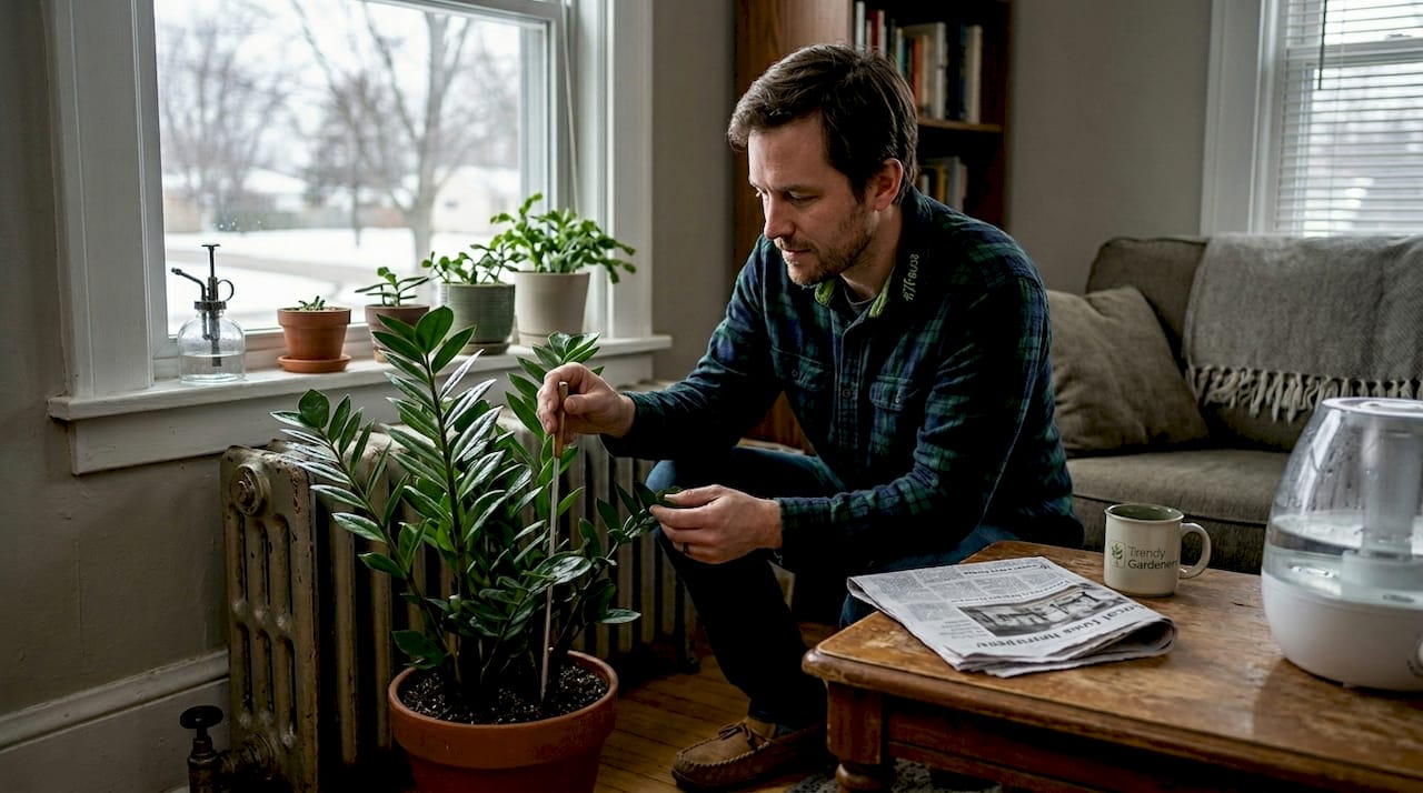 Checking moisture in winter houseplants