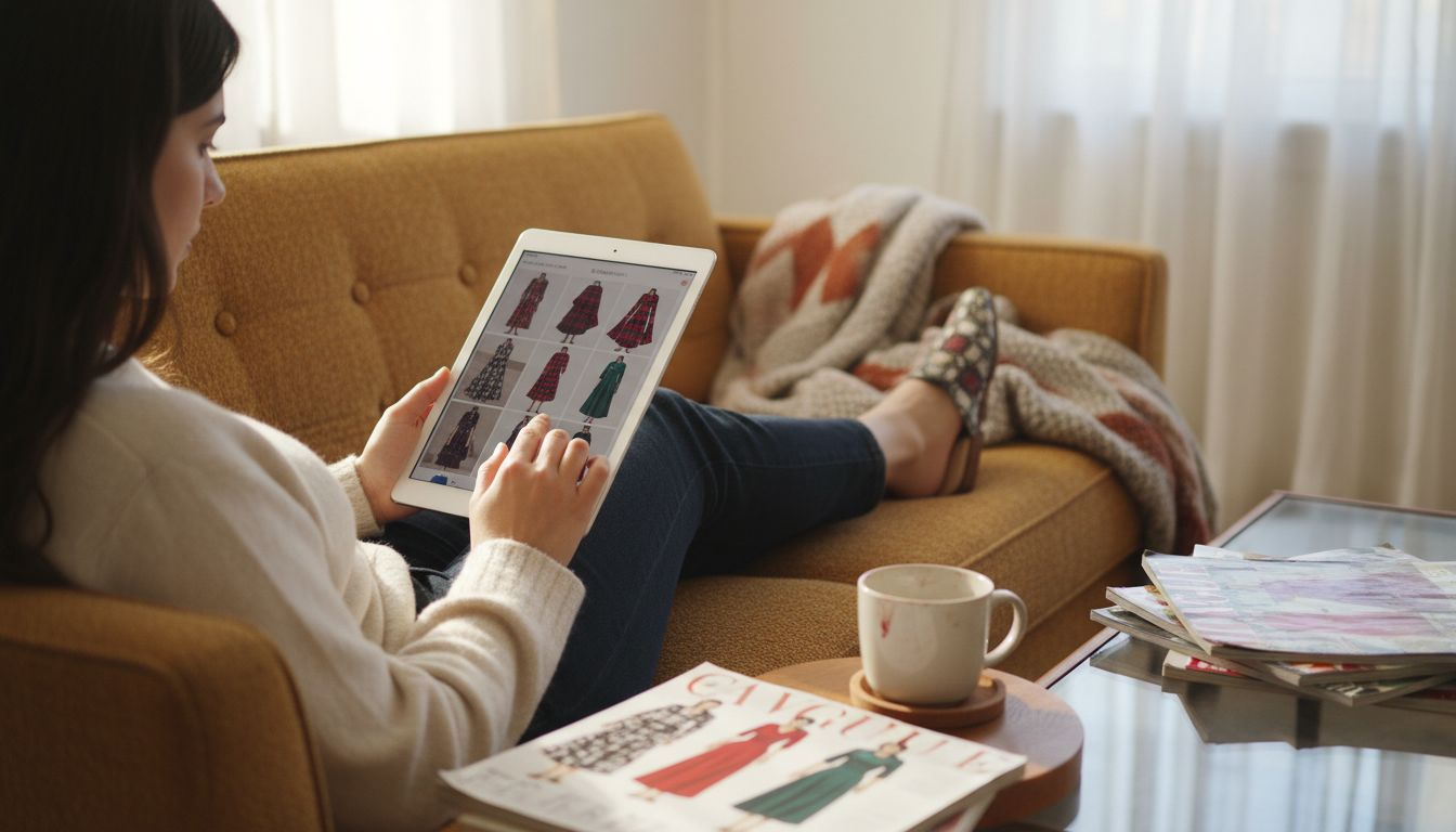 Woman browsing seasonal dress trends at home