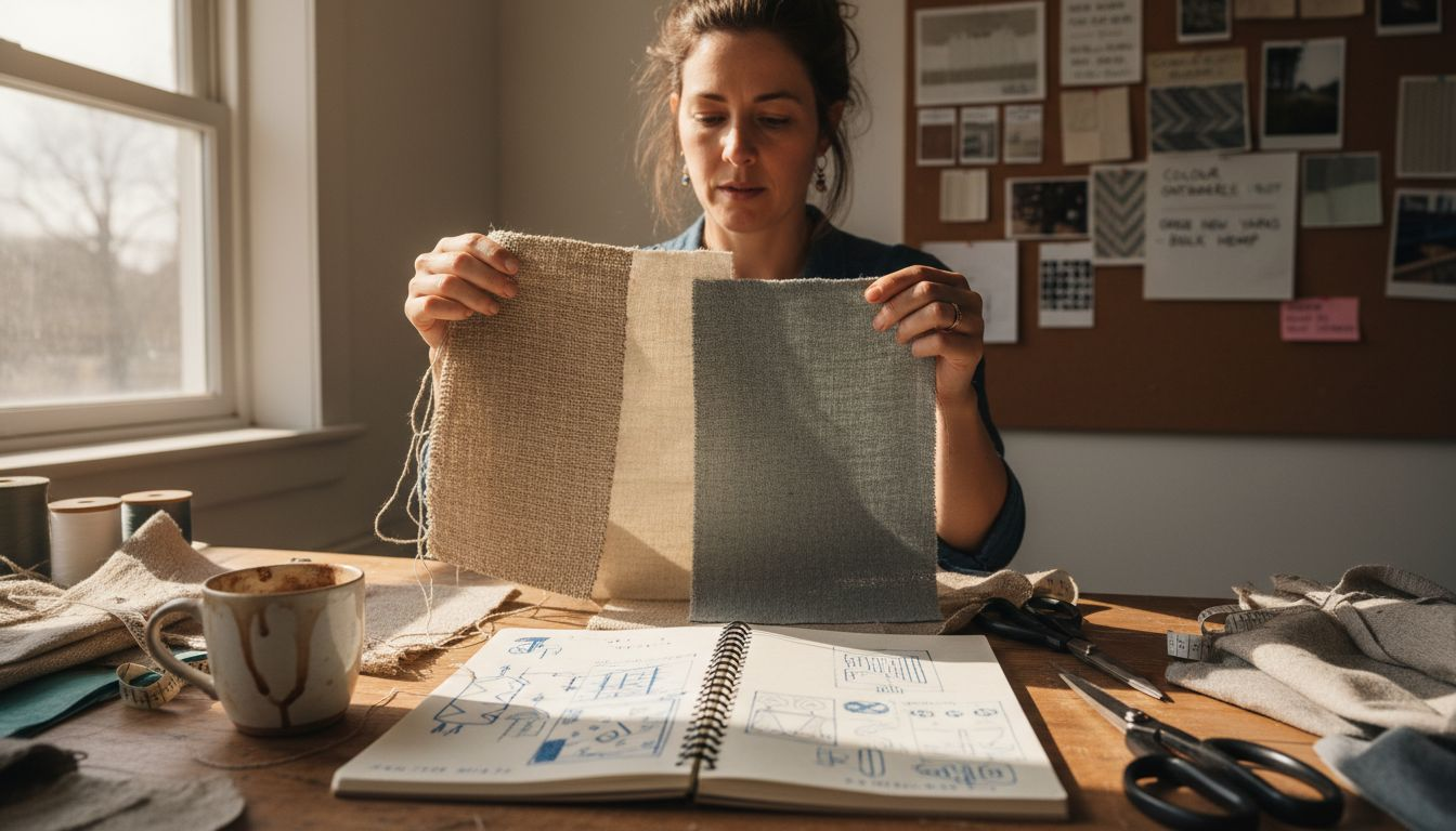 Designer studying sustainable fabric swatches