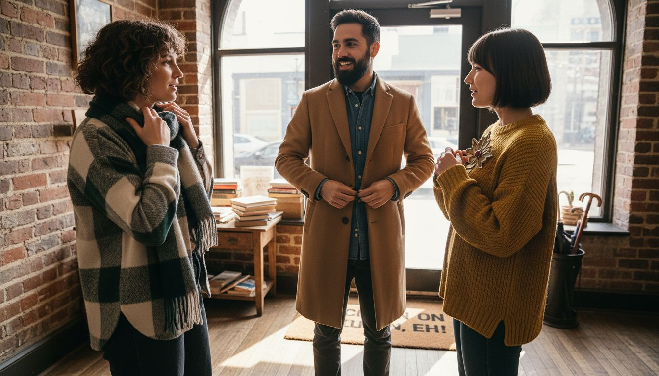 Friends accessorizing outfits at café entrance