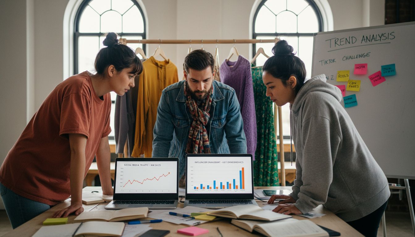 Team discusses fashion trends on laptops