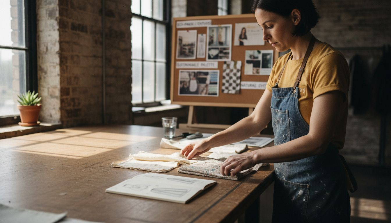 Designer sorting sustainable fabric samples