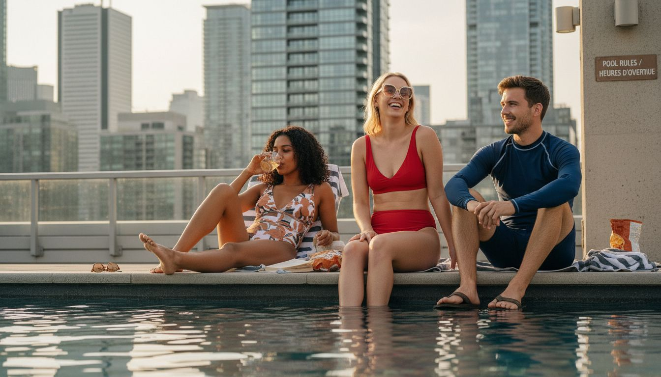 Friends wearing varied swimwear by rooftop pool