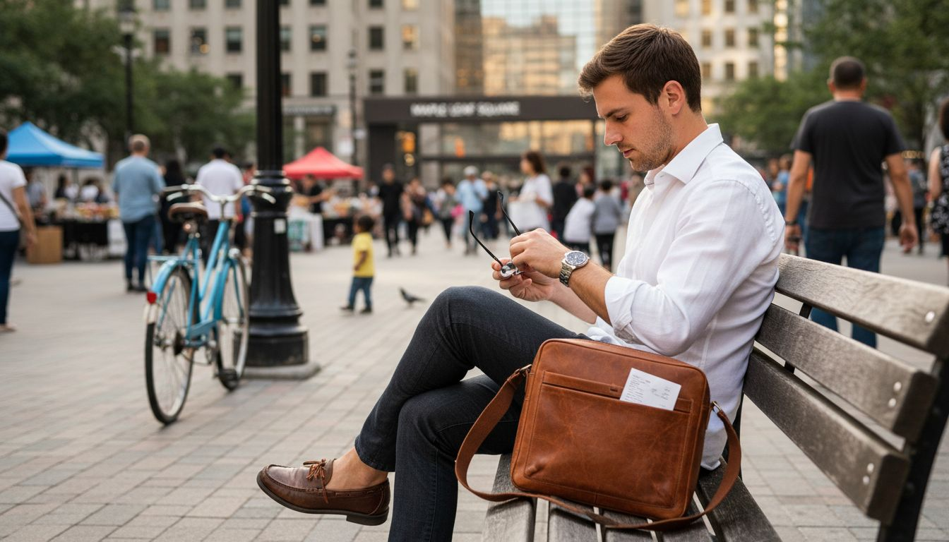 Man with watch sunglasses and handbag outdoors