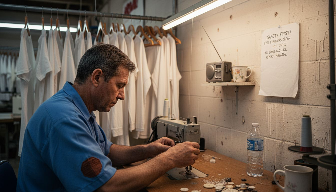 Worker sewing sustainable clothes in workshop