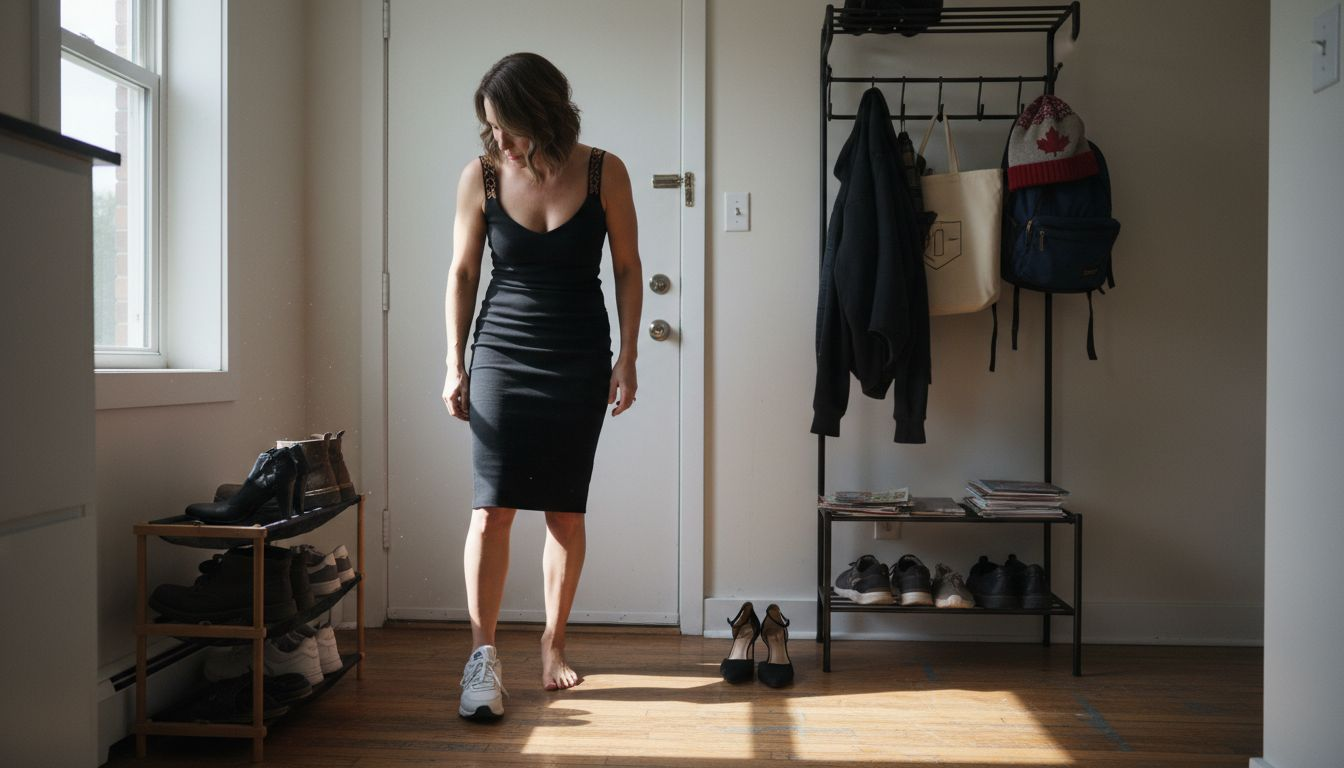 Woman changing shoes with black dress