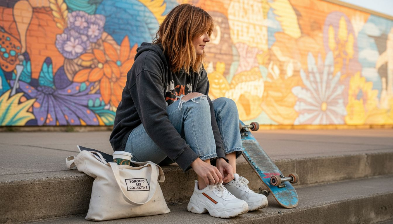Woman sitting on steps tying streetwear sneakers