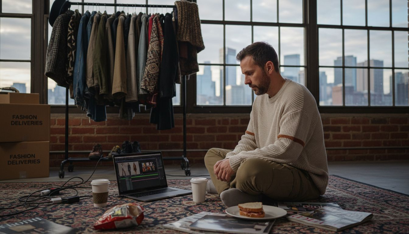 Fashion creator editing among clothes and boxes