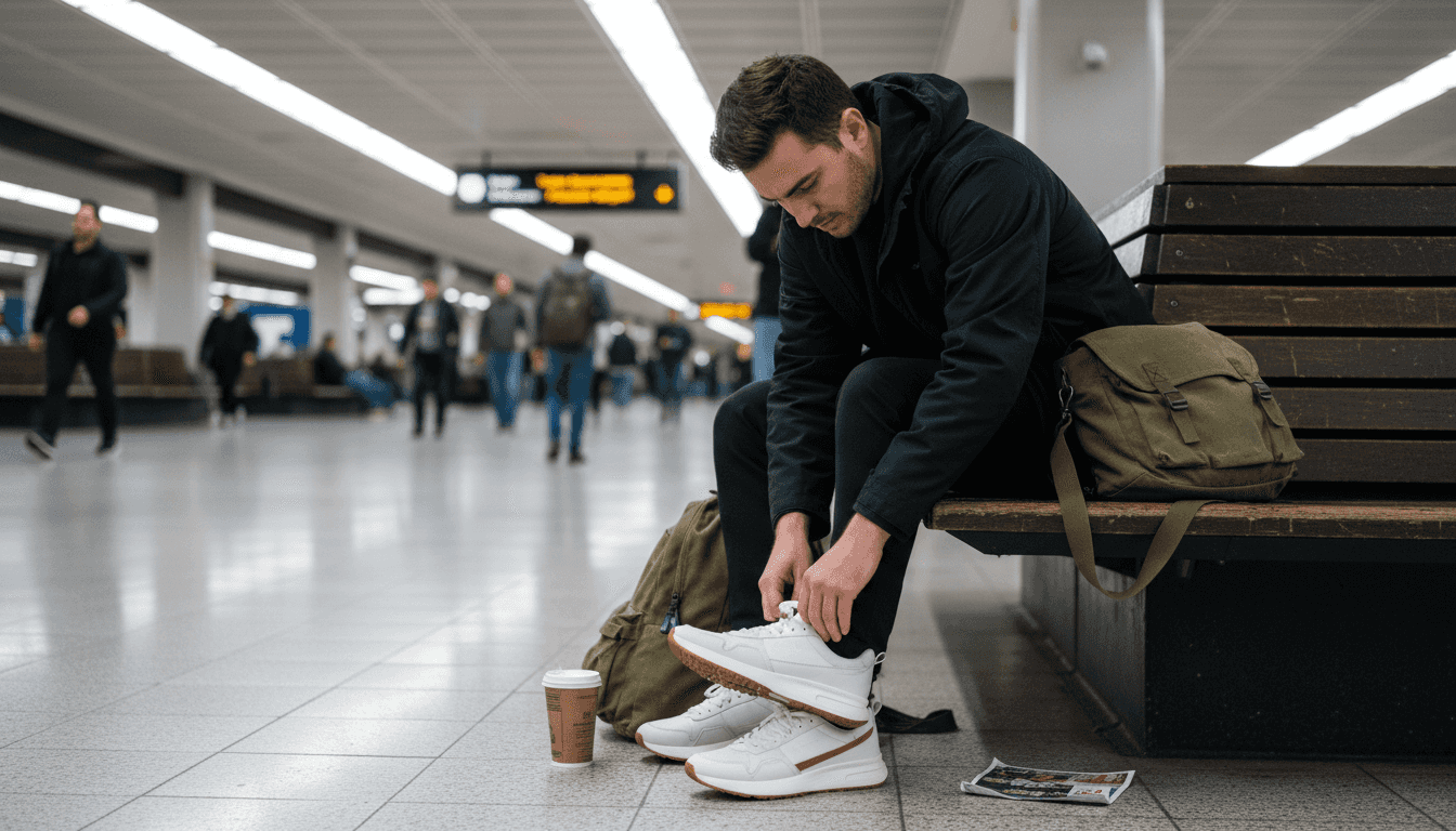 Man testing comfy sneakers at transit station