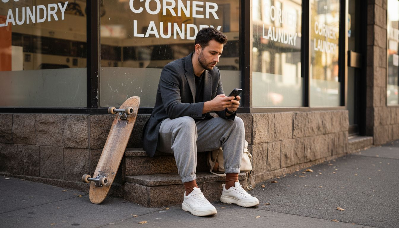 Man mixing blazer and joggers in street style