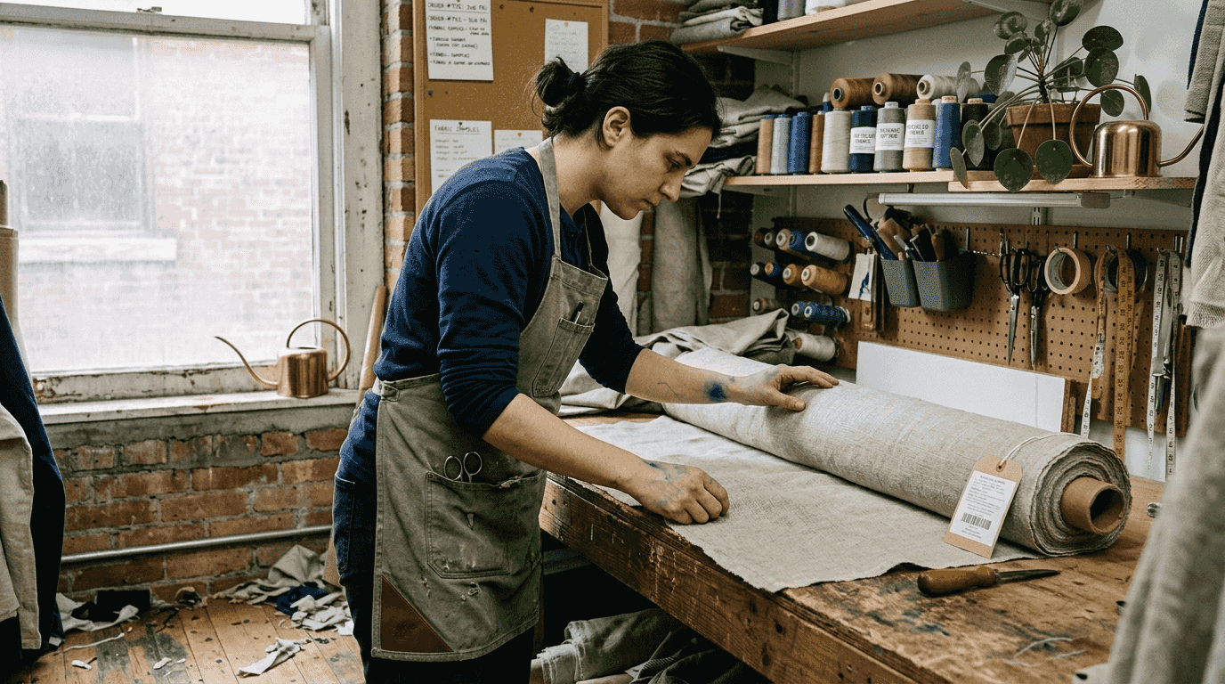 Worker checking sustainable fabric in workshop