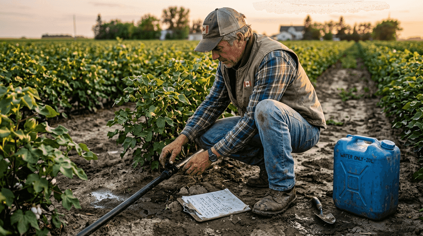 Worker examines cotton field at sunset