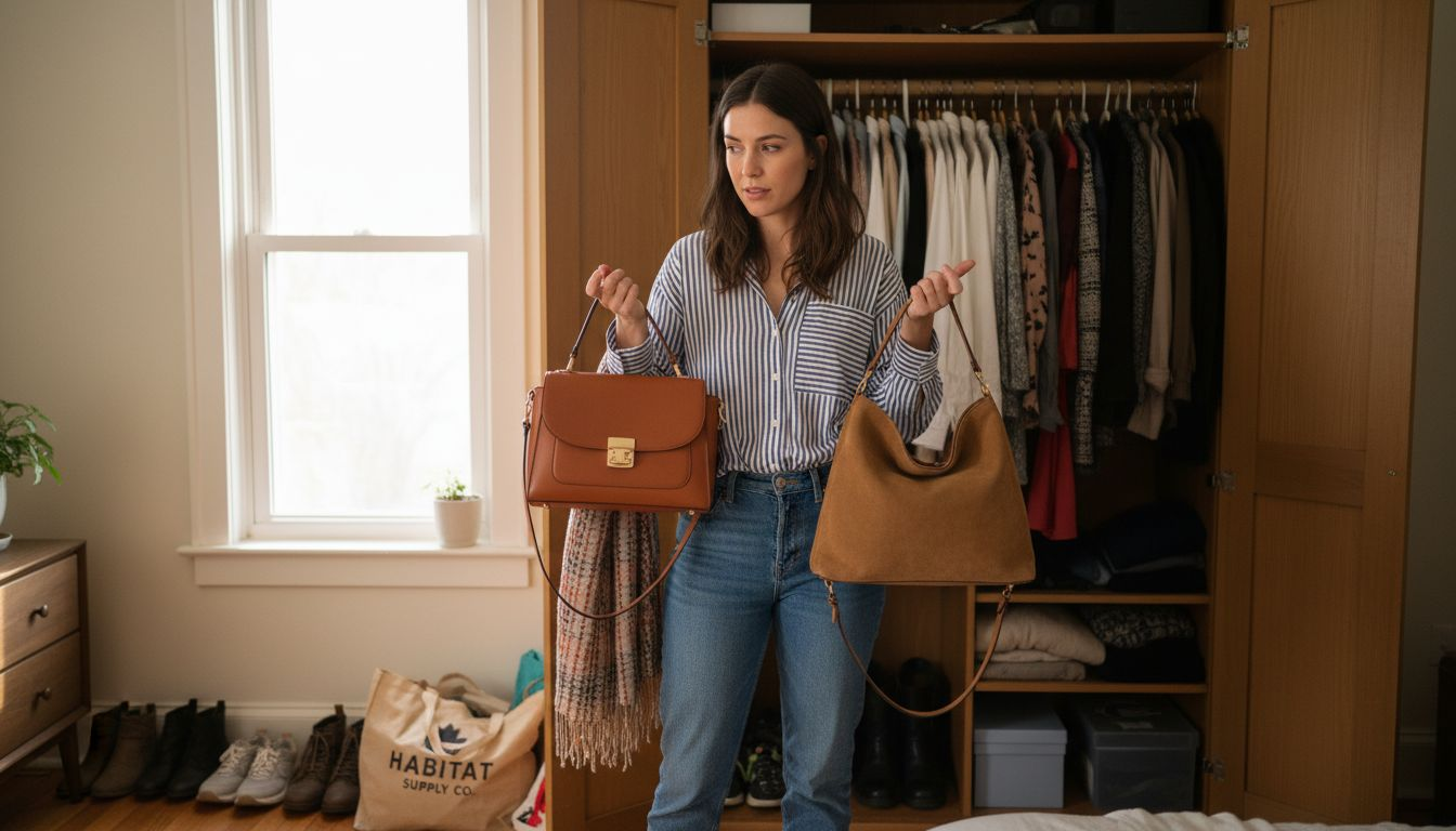 Woman comparing handbags in front of wardrobe