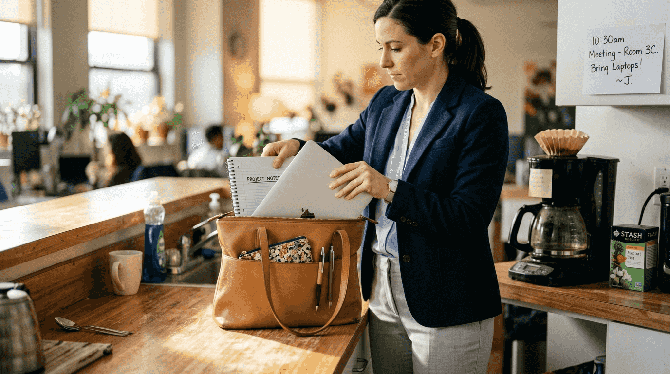 Office worker unpacking tote handbag at counter