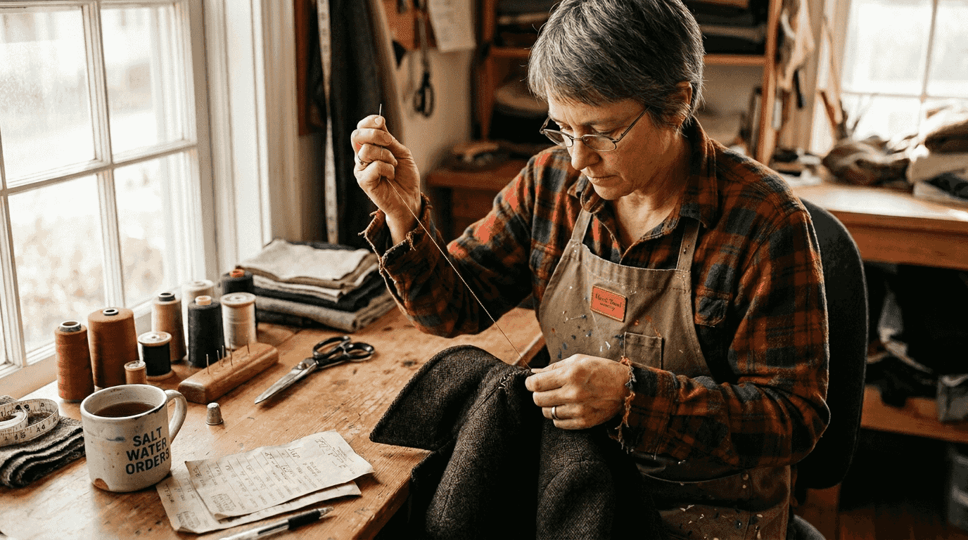 Artisan sewing wool coat in workshop