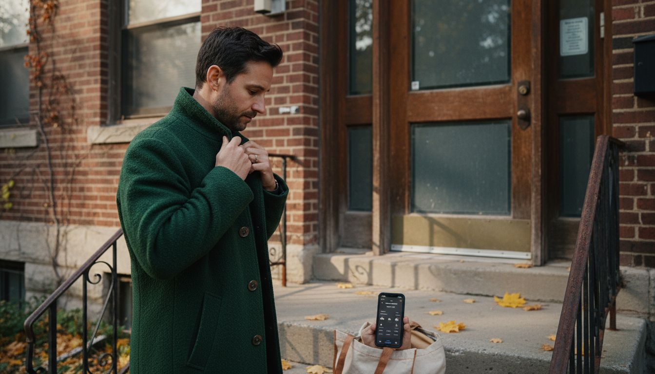 Man wearing forest green woolen coat entrance