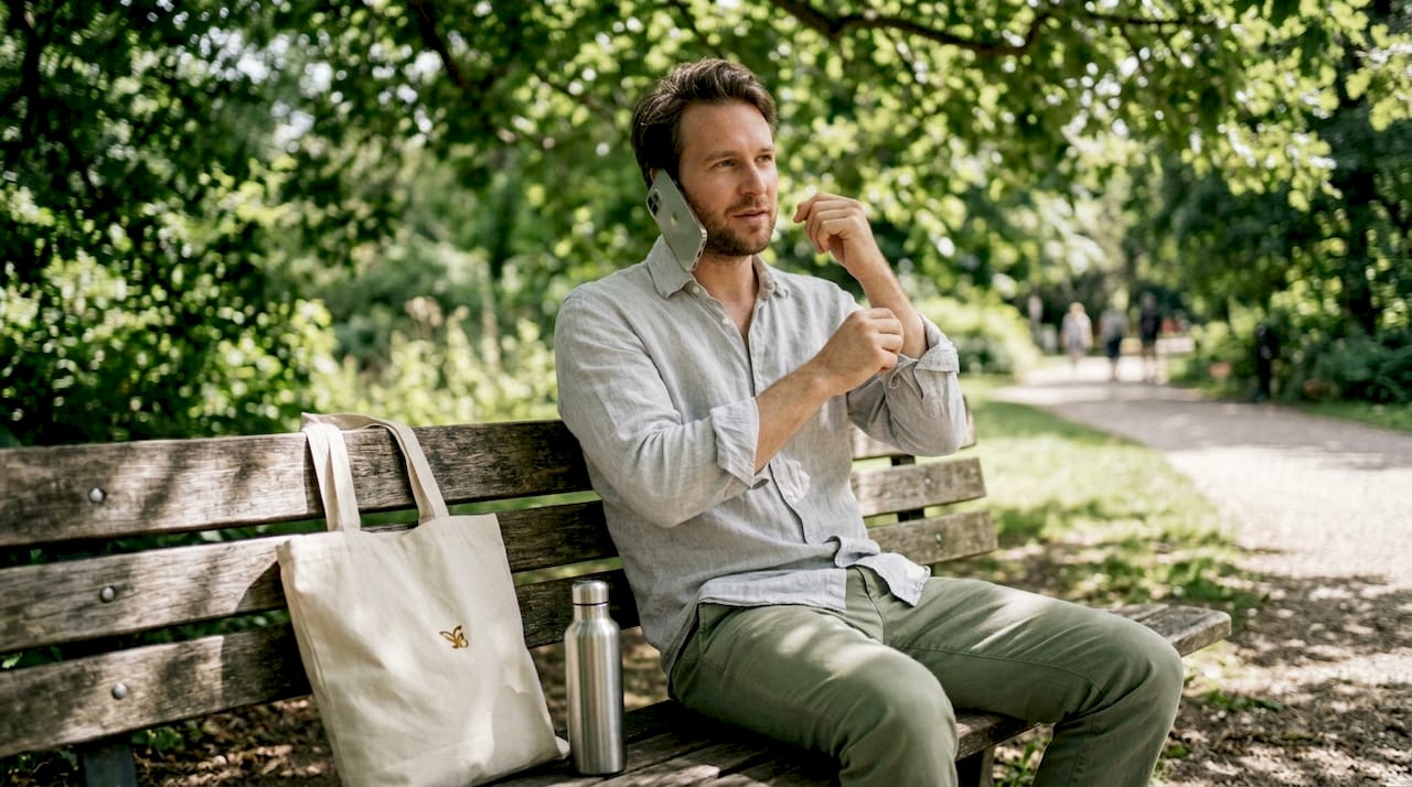 Man testing breathability of linen shirt outside