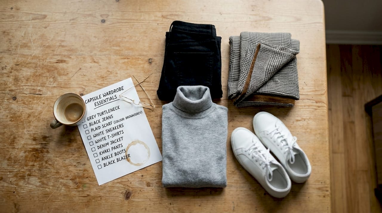 Capsule wardrobe clothing flatlay scene
