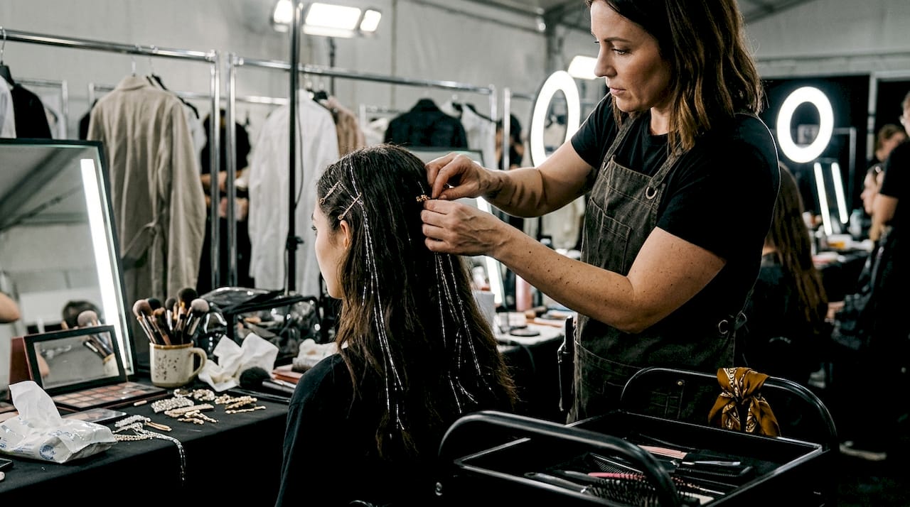 Stylist adding tinsel and gold to hair backstage