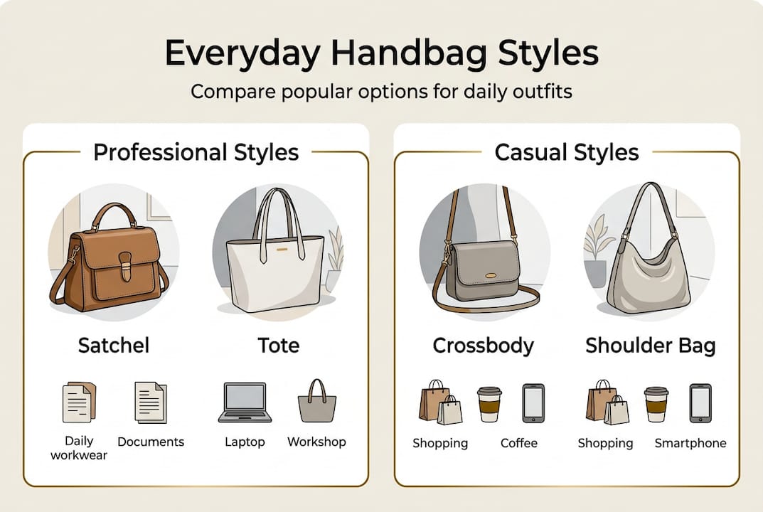 Infographic comparing handbag styles for daily wear