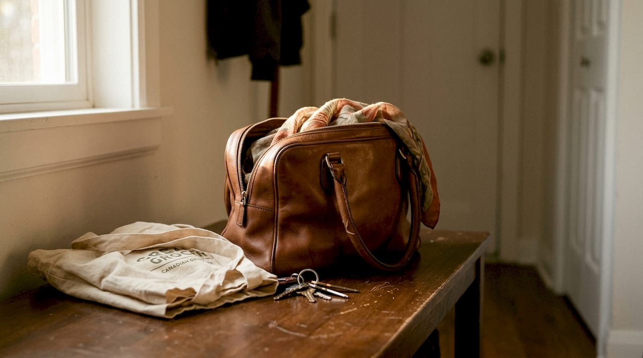 Handbag and essentials on home entryway bench