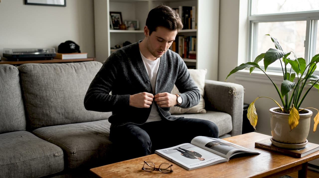 Man adding mid layer jumper on sofa