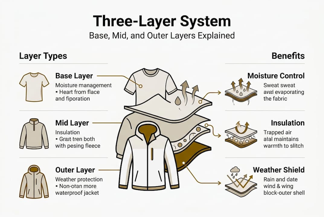 Infographic of base, mid, outer clothing layers