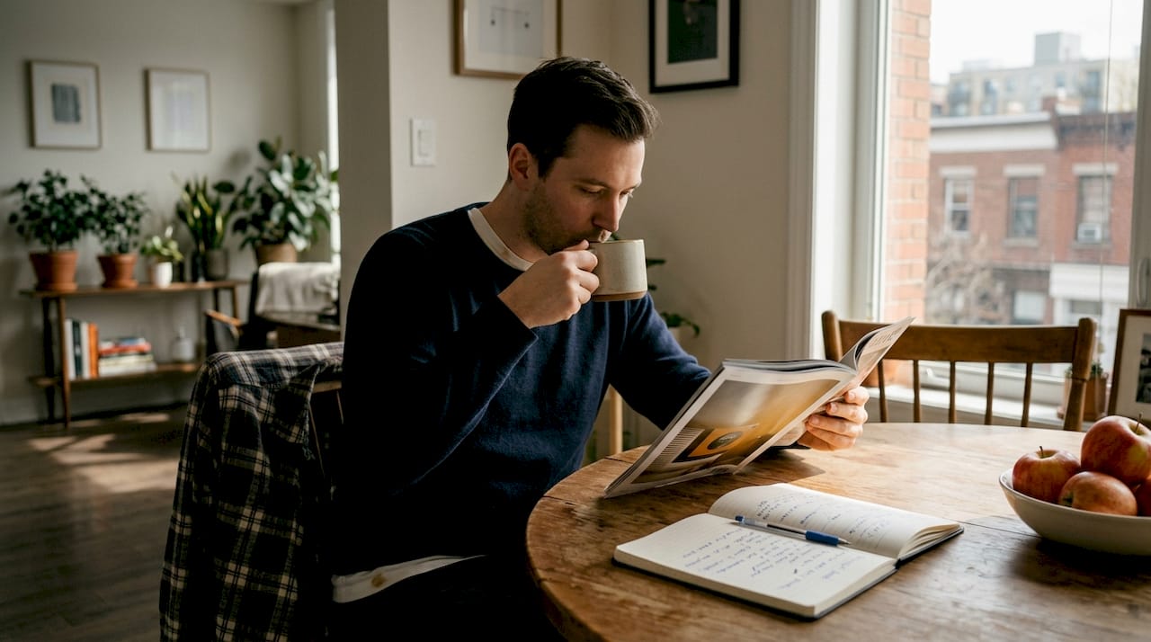 Man reading in layered autumn wardrobe