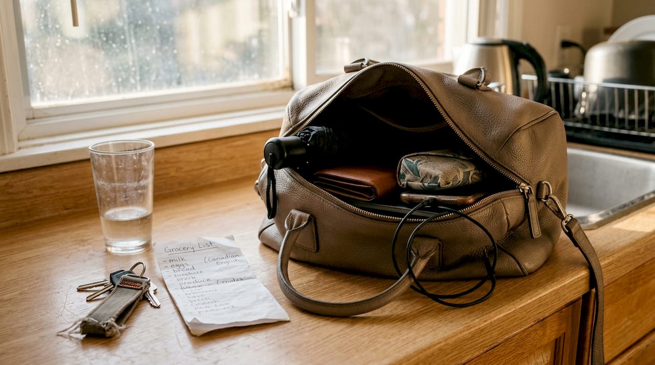 Versatile midi bowling handbag unzipped on counter