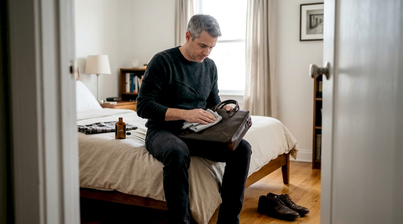 Man cleaning leather handbag on bedroom bed
