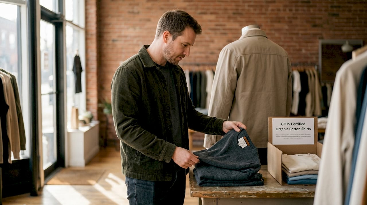 Shopper checking sustainability clothing label