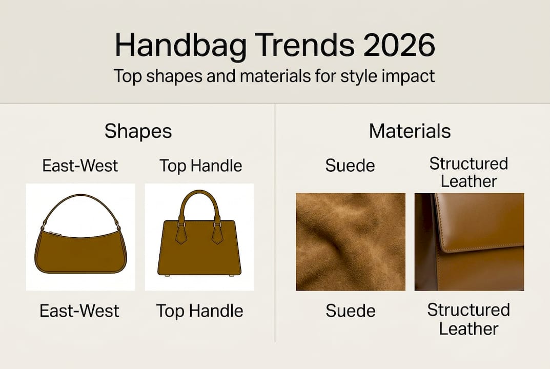 Infographic showing handbag shapes and materials