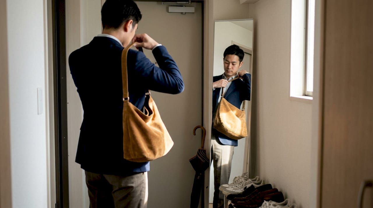 Man pairs unstructured bag with tailored outfit