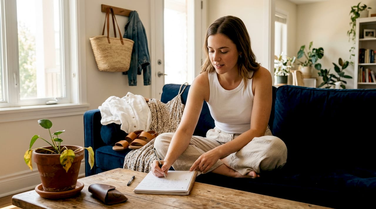 Woman creating summer capsule wardrobe outfits