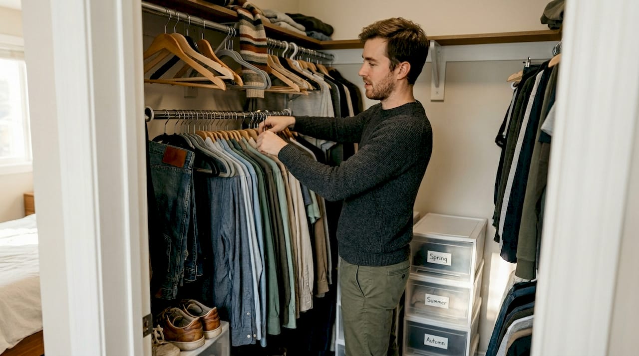 Man organizing clothes with labeled bins