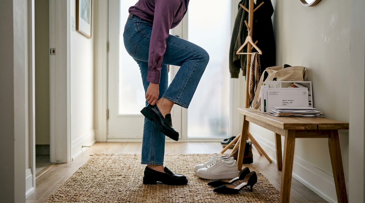Woman choosing trendy 2026 footwear at home