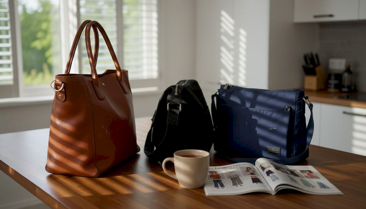 Three handbags showing color and material differences