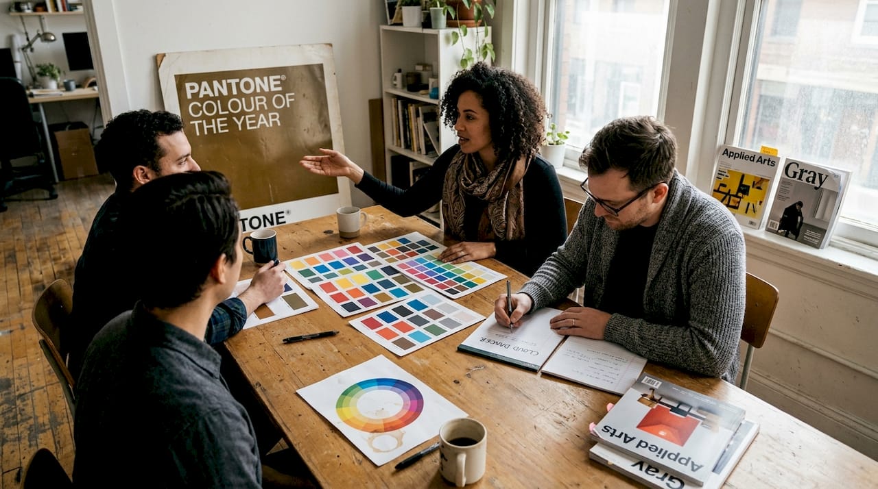 Pantone team reviewing yearly colour swatches