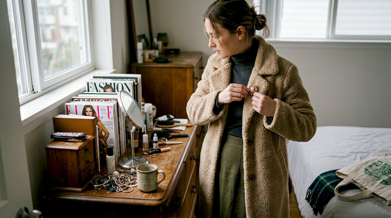Woman styles affordable fall layers at home