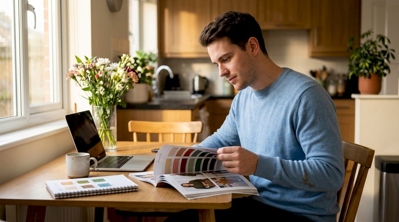 Man browsing colour palettes at kitchen table