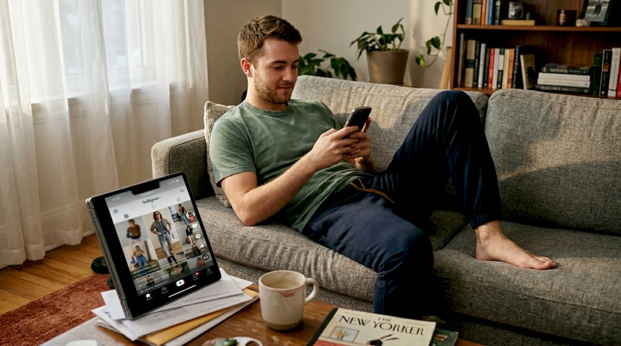 Man scrolling fashion trends on smartphone