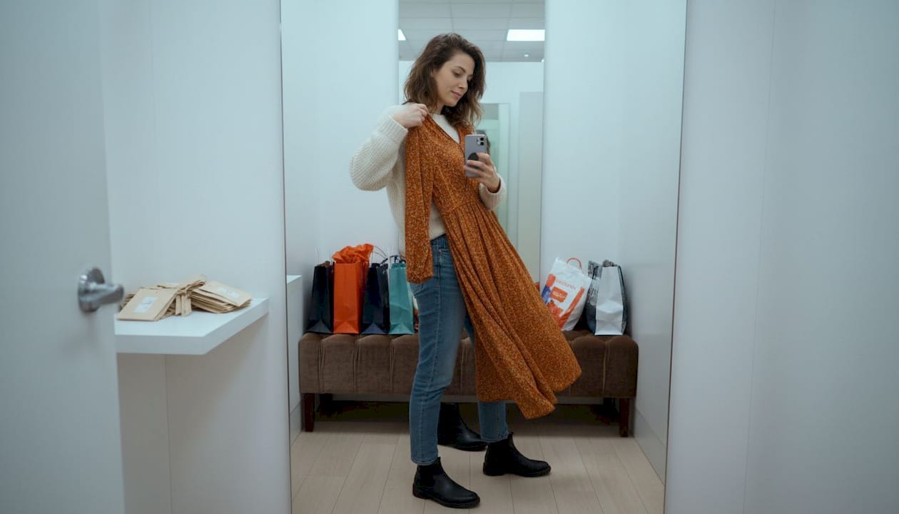 Woman taking photo in fitting room mirror